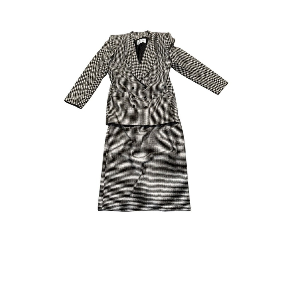 Le Suit 10 Black & White Houndstooth Lined Skirt Suit Wool Blend‎ Classic